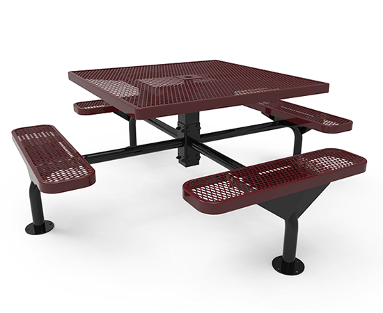 Square pedestal picnic table with four attached seats and center-mounted frame for compact, space-efficient outdoor layouts